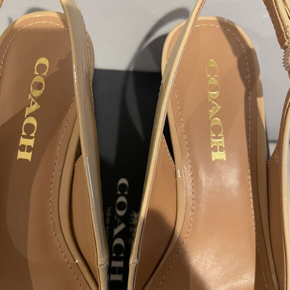 COACH Women's Tan Ferry Patent Shell Slingback Wedge Peep Toe Heels Shoes Size 7 - Picture 10 of 14